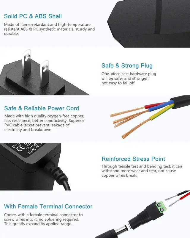 Alt view image 5 of 7 - 12V 1A Power Supply AC Adapter 100-240V 50-60Hz to DC 12 Volt Transformer 12W Replacement Power Cord 5.5 x 2.5mm/2.1mm Tip for CCTV Security Camera DVR NVR System Router LED Strip (5 Pack)