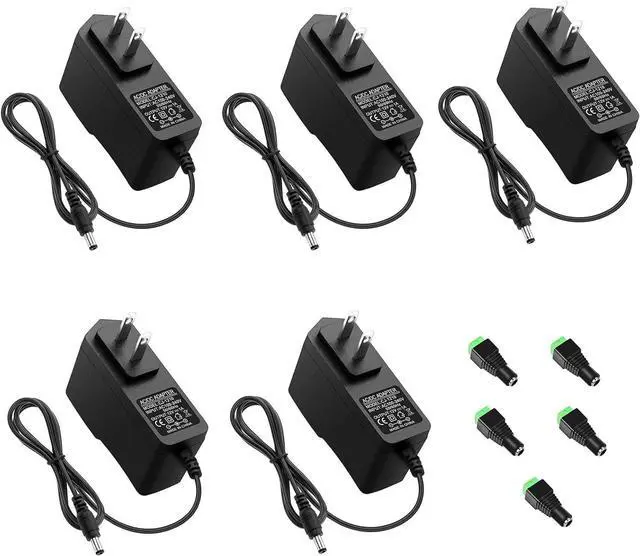 Main image of 12V 1A Power Supply AC Adapter 100-240V 50-60Hz to DC 12 Volt Transformer 12W Replacement Power Cord 5.5 x 2.5mm/2.1mm Tip for CCTV Security Camera DVR NVR System Router LED Strip (5 Pack)