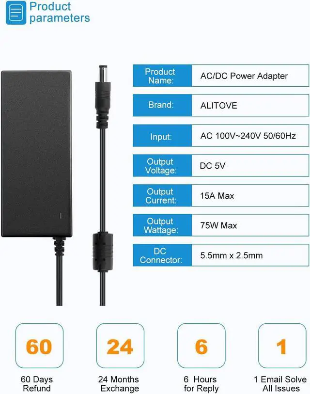 Alt view image 2 of 7 - 5V 15A AC to DC Power Supply Adapter Transformer Converter 5.5x2.5mm Plug 100V-240V AC Input for WS2811 2801 WS2812B LED Strip Pixel Light - OEM