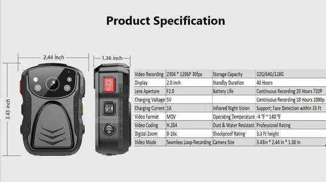 Alt view image 5 of 7 - PatrolMaster 1296P UHD Body Camera with Audio (build-in 64GB), 2 Inch Display, Night Vision, Waterproof, Shockproof, Body Worn Camera with Compact Design, Police Camera for Law Enforcement