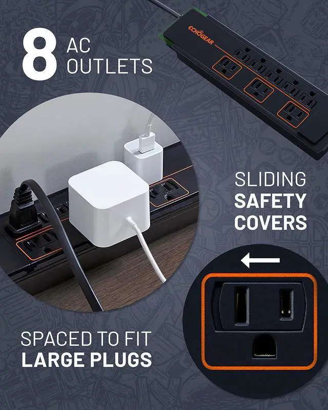 Alt view image 3 of 7 - ECHOGEAR ShockBlocker 8 Outlet Surge Protector Power Strip - Slim Design Can Power & Protect Your Entire TV, Office, Or Gaming Setup - Advanced Surge Suppressor with 3420 Joules of Protection