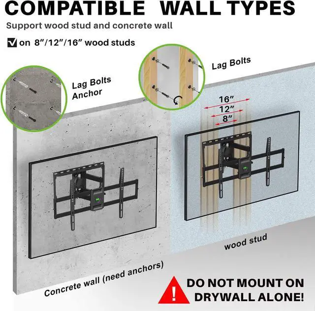 Alt view image 6 of 7 - Full Motion TV Wall Mount for Most 47-84 inch Flat Screen/LED/4K TV, TV Mount Bracket Dual Swivel Articulating Tilt 6 Arms, Max VESA 600x400mm, Holds up to 132lbs, Fits 8 12 16" Wood Studs