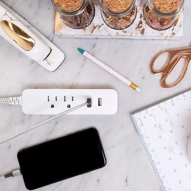 Alt view image 6 of 6 - Cordinate Surge Protector Power Strip, 2 Outlet Surge Protector, 10 Ft Braided Cord Power Strip, Surge Protector with USB Ports, 3-Prong Flat Plug Power Strip, Surge Protector Outlet, White, 41691