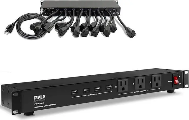 Main image of 19 Outlet 1U 19" Rackmount PDU Power Distribution Supply Center Conditioner Strip Unit Surge Protector 15 Amp Circuit Breaker 4 USB Multi Device Charge Ports 15FT Cord (PCO865) Black