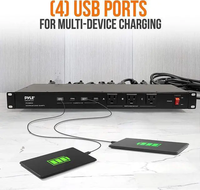 Alt view image 3 of 7 - 19 Outlet 1U 19" Rackmount PDU Power Distribution Supply Center Conditioner Strip Unit Surge Protector 15 Amp Circuit Breaker 4 USB Multi Device Charge Ports 15FT Cord (PCO865) Black