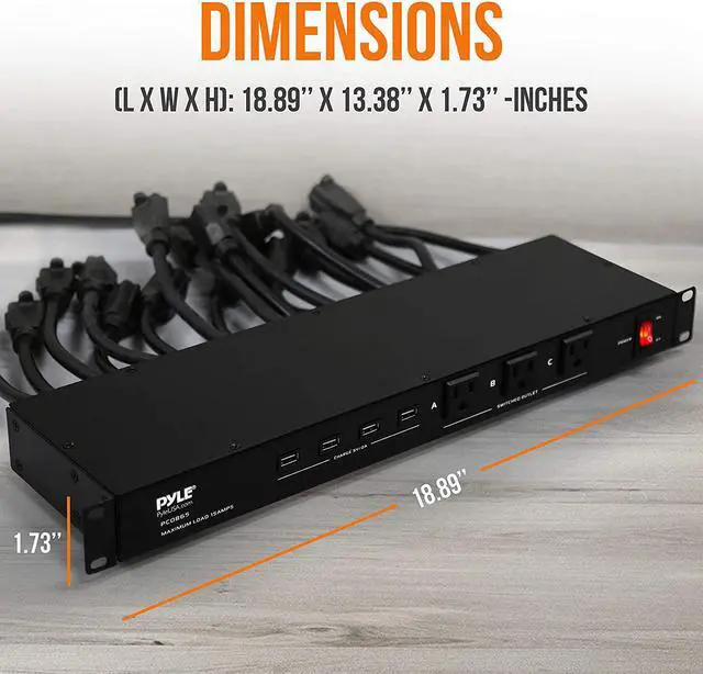 Alt view image 2 of 7 - 19 Outlet 1U 19" Rackmount PDU Power Distribution Supply Center Conditioner Strip Unit Surge Protector 15 Amp Circuit Breaker 4 USB Multi Device Charge Ports 15FT Cord (PCO865) Black