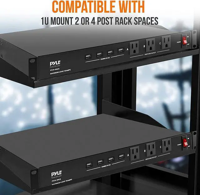 Alt view image 4 of 7 - 19 Outlet 1U 19" Rackmount PDU Power Distribution Supply Center Conditioner Strip Unit Surge Protector 15 Amp Circuit Breaker 4 USB Multi Device Charge Ports 15FT Cord (PCO865) Black