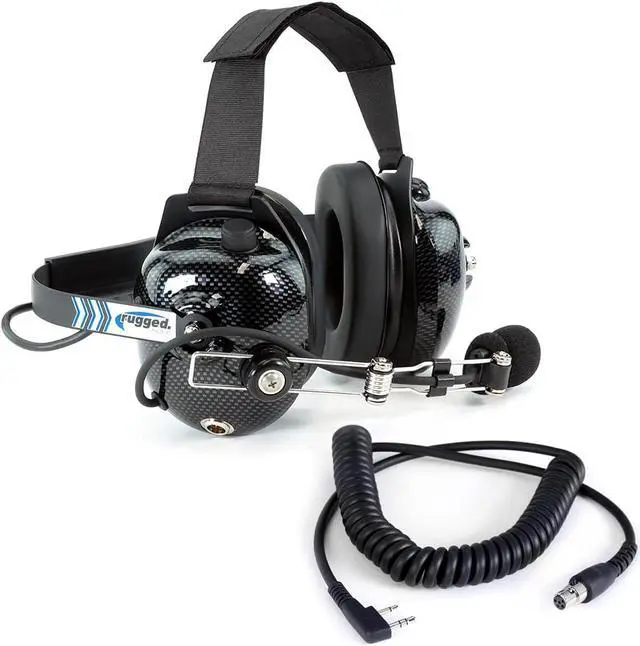 Main image of Rugged Carbon Fiber Behind The Head Headset and Adaptor Cable for Racing Radios Electronics Communications Kenwood & Baofeng  Features 2-Pin to 5-Pin Coil Cord Volume Control Knob 3.5mm Input Jack