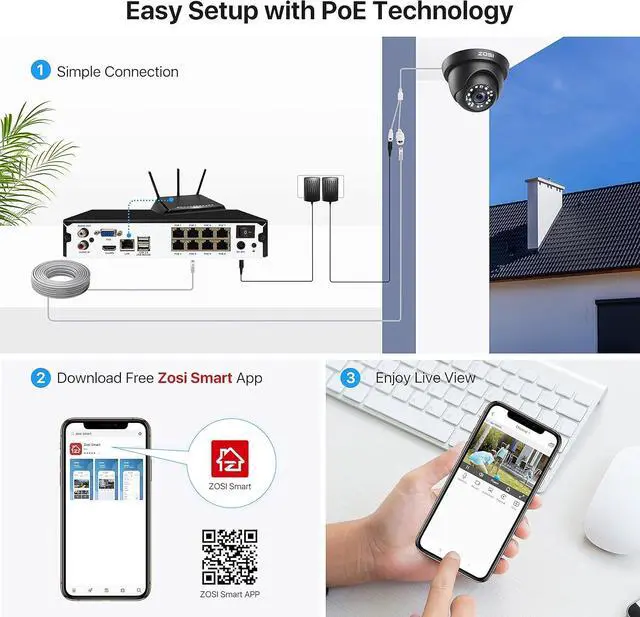 Alt view image 5 of 7 - Gadpiparty ZOSI H.265+ 5MP 2K PoE Security Camera System Outdoor Indoor,8 Channel PoE NVR with Hard Drive 1TB for 24/7 Recording and 4 x 5MP(2K) Weatherproof Dome PoE IP Cameras, Motion Detection, Al