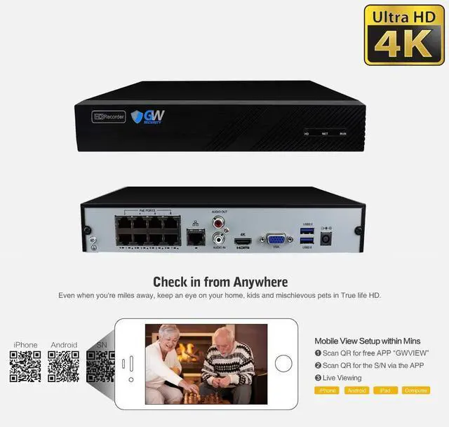 Alt view image 3 of 7 - Gadpiparty GW Security 8 Channel 4K NVR 5MP POE Audio & Video Security Camera System - Eight 5MP 1920P Weatherproof Bullet Cameras,Built in Microphone, AI Human & Vehicle Detection, Pre-Installed 2TB