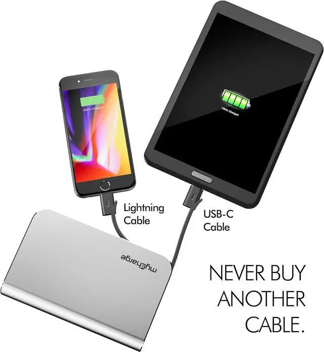 Alt view image 3 of 5 - Portable Charger Power Bank - HubMax 10050 mAh Universal External Battery Pack | Foldable AC Wall Plug | Two Built in Cables for  (iPhone Lightning) & for  USB Type C (Android)