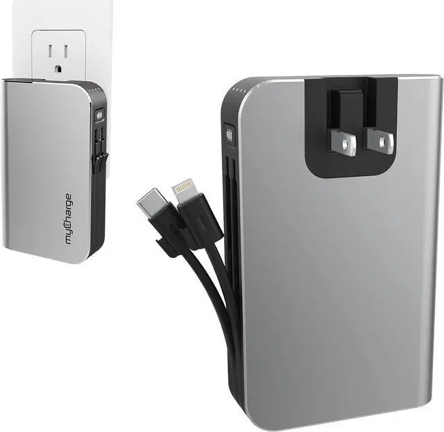 Main image of Portable Charger Power Bank - HubMax 10050 mAh Universal External Battery Pack | Foldable AC Wall Plug | Two Built in Cables for  (iPhone Lightning) & for  USB Type C (Android)