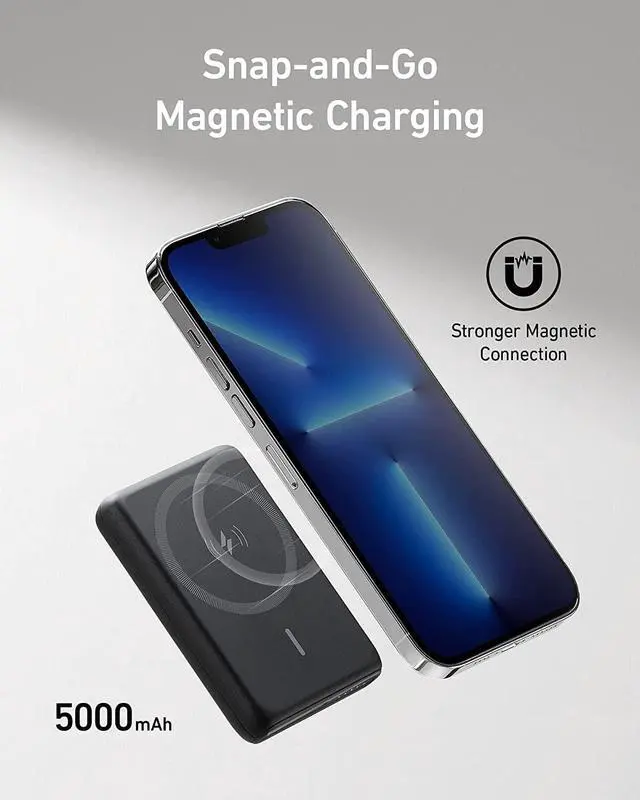 Alt view image 2 of 7 - Anker Magnetic Battery (PowerCore Magnetic 5,000 mAh), Magnetic Wireless Portable Charger with USB-C Cable, for iPhone 15/15 Plus/15 Pro/15 Pro Max, iPhone 14/13/12 Series, and More