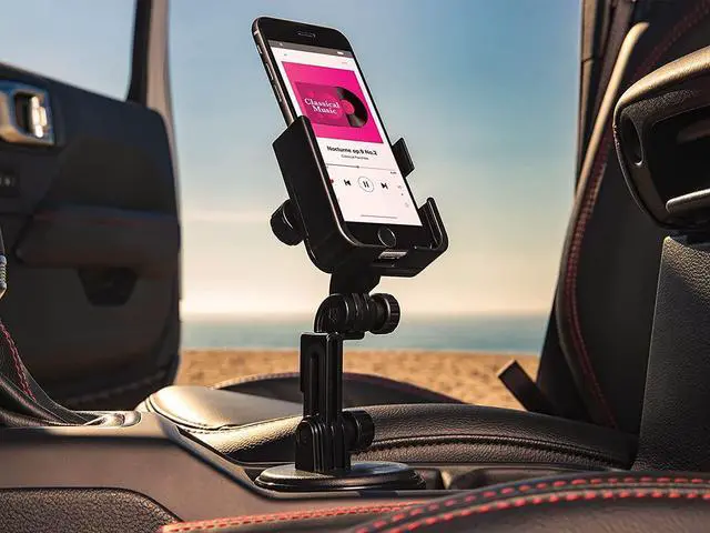 Alt view image 6 of 7 - CupFone Two View with Extension  Adjustable, Universal Cup Holder Cell Phone Mount Car & Truck Accessory  Best Design for iPhone & Smartphone Charging  Black Plastic Knobs