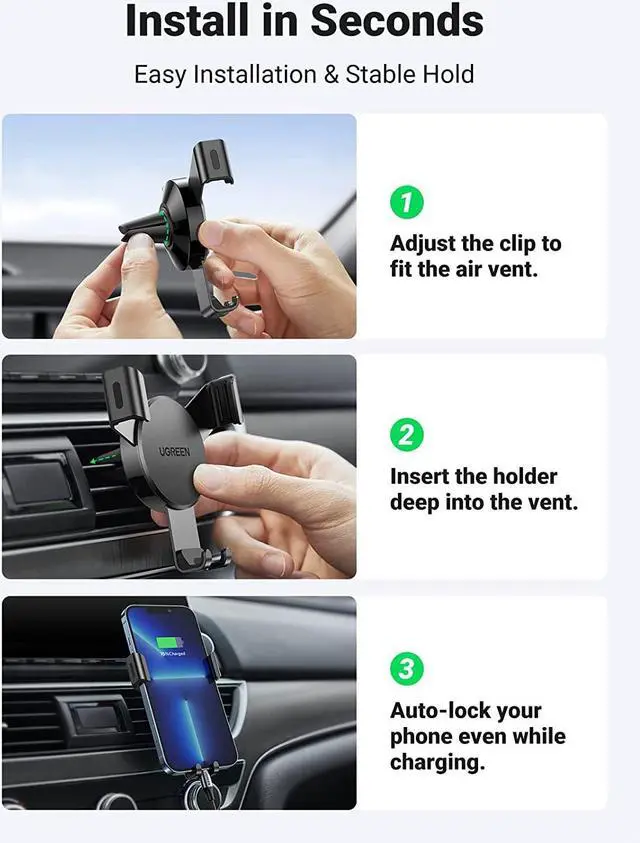 Alt view image 7 of 7 - UGREEN Car Air Vent Mount Cell Phone Holder Gravity Compatible for iPhone 13 12 11 Pro Max SE XR XS X 8 7 Plus Samsung Galaxy S20 S10 S9 S8 Google Pixel 4 3 XL LG G8 Smartphone(Black)