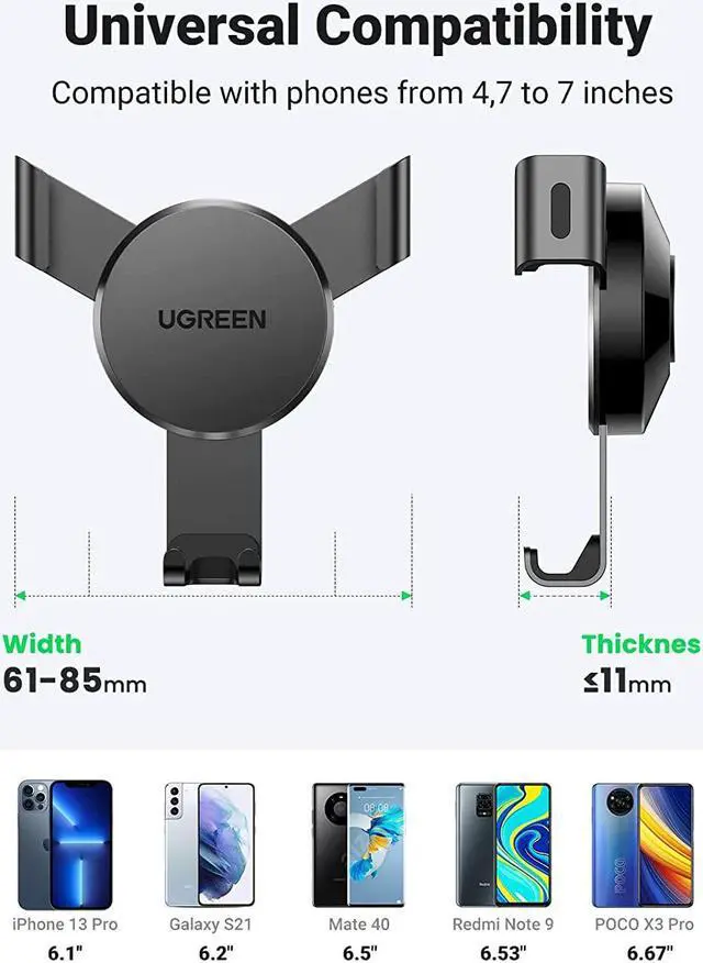 Alt view image 5 of 7 - UGREEN Car Air Vent Mount Cell Phone Holder Gravity Compatible for iPhone 13 12 11 Pro Max SE XR XS X 8 7 Plus Samsung Galaxy S20 S10 S9 S8 Google Pixel 4 3 XL LG G8 Smartphone(Black)