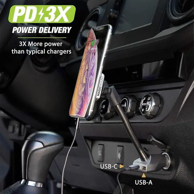 Alt view image 5 of 7 - MP12VPD2-XTSP MagicMount Pro Magnetic Phone/GPS Car Mount 30W Dual Port Type-C + Type-A Cell Phone Charger Cigarette Lighter Adapter Holder Compatible with  iPhone & More Black/Silver
