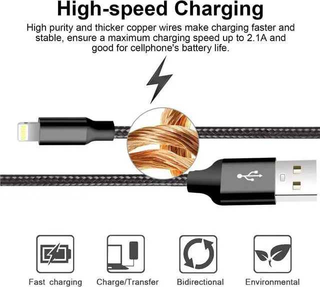 Alt view image 3 of 7 - iPhone Charger 5 Pack 3/3/6/6/10FT Apple MFi Certified USB Lightning Cable Nylon Braided Fast Charging Cord Compatible for iPhone 14/13/12/11/X/Max/8/7/6/6S/5/SE/Plus/iPad - Black