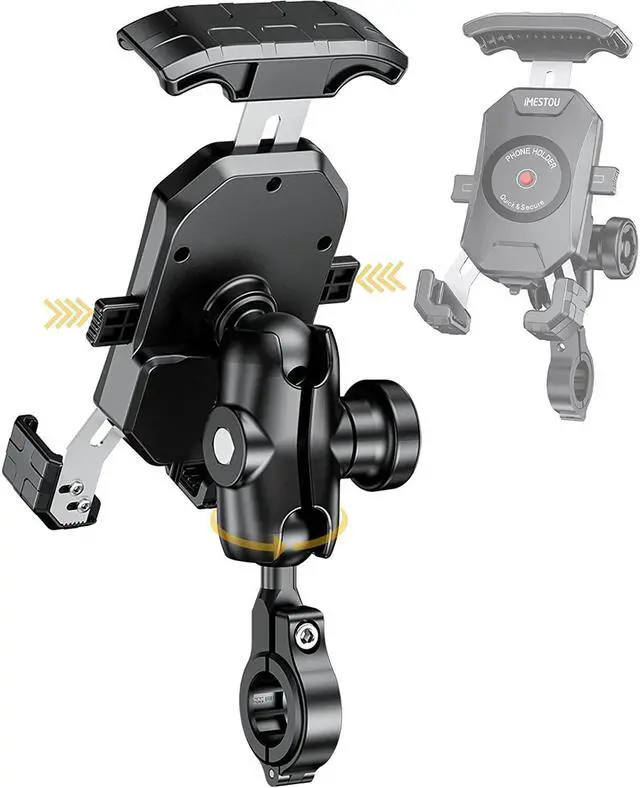 Main image of iMESTOU Anti-Theft Motorcycle Phone Mount Bike 1 Ball Phone Holder Handlebar Double Socket Arm Cellphone Holder with Aluminum 1" Ball Base 360 Rotation Universal for 4.0-7.0 Inch Smartphones