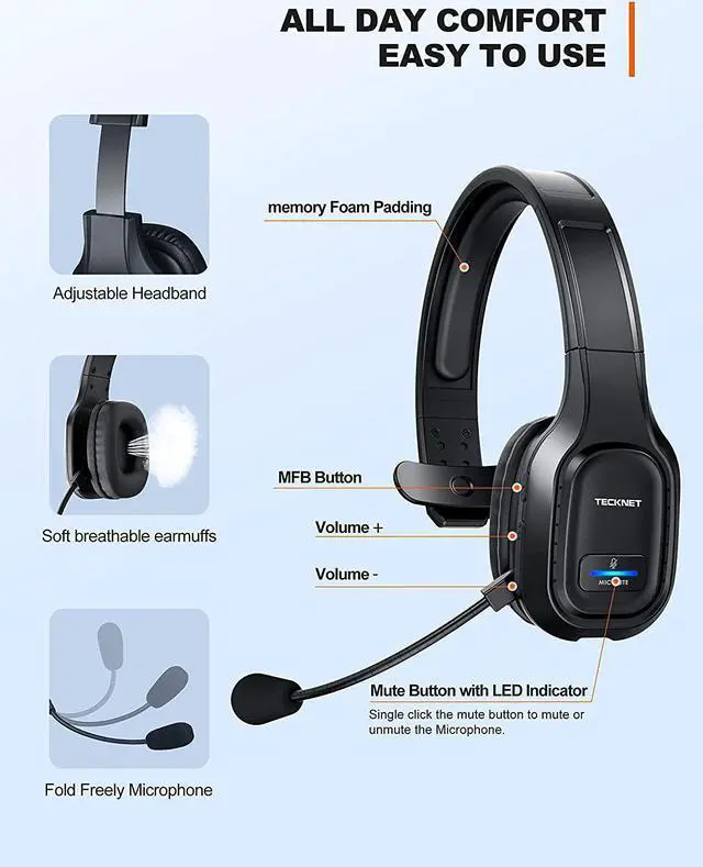 Alt view image 4 of 7 - TECKNET Trucker Bluetooth Headset, AI Noise Canceling Mic, Wireless On-Ear | AI Noise Canceling Mic reduces background noise for clear calls. Wireless hands-free headset for truckers and office use.