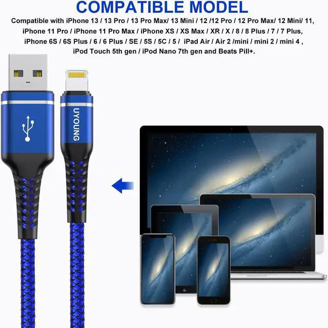 Alt view image 5 of 7 - 6ft Lightning Cable 3Pack 6 Foot Blue iPhone Charger USB Fast Charging Power Cord Compatible with Apple iPhone 12 11 Xs Max XR X 8 Plus 7 Plus 6 Plus SE iPad Pro iPod