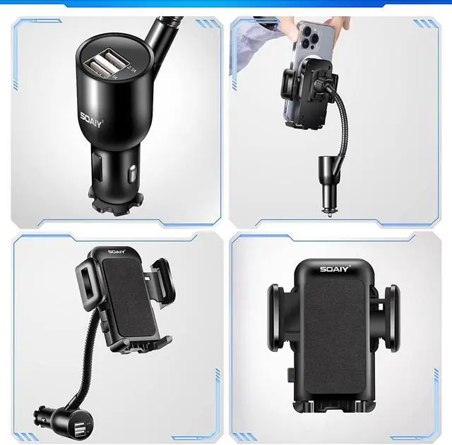 Alt view image 3 of 7 - 3-in-1 Cigarette Lighter Car Mount + Voltage Detector (Not for Center Console & Window) Dual USB 3.1A Charger with Adjust Gooseneck & 360° Rotating Car Mount Cradle for 1.7-3.7inch Width Phones