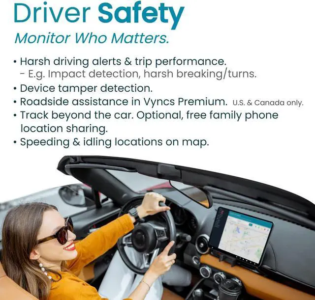 Alt view image 4 of 7 - Vyncs - GPS Tracker for Vehicles, [No Monthly Fee], 4G LTE, Vehicle Location, Trip History, Driving Alerts, GeoFence, Fuel Economy, OBD Fault Codes, USA-Developed, Family or Fleets