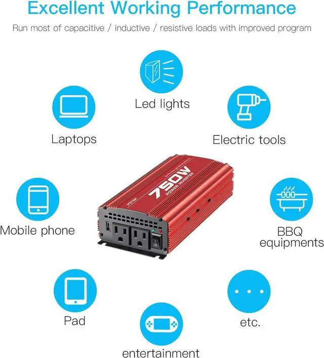 Alt view image 6 of 7 - 750W Power Inverter DC 12V to AC 115V Car Converter with 2A USB Charging Port