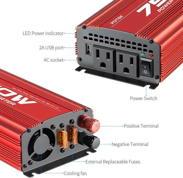 Alt view image 3 of 7 - 750W Power Inverter DC 12V to AC 115V Car Converter with 2A USB Charging Port