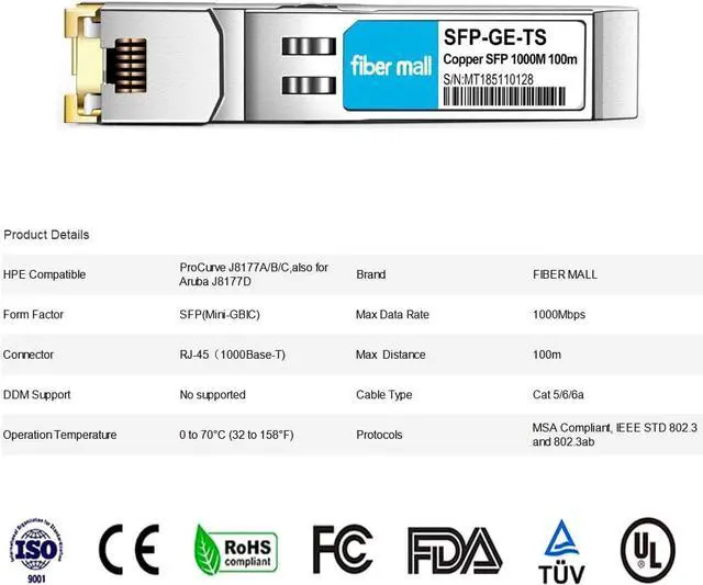 Alt view image 2 of 6 - SFP to RJ45 for HPE Procurve J8177C J8177B HPE Aruba J8177D J8177DCM JL747A 1000BASE-T SFP Copper RJ-45 100m Transceiver Module Pack of 4