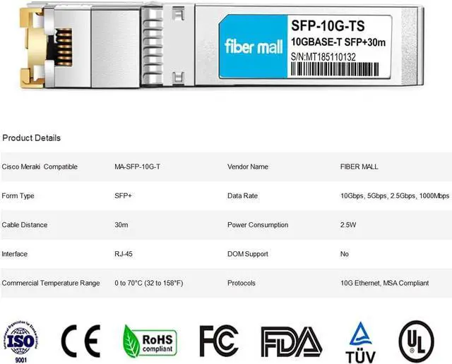 Alt view image 5 of 5 - 10G SFP+ to RJ45 for Cisco Meraki MA-SFP-10G-T 10GBASE-T SFP+ Copper RJ-45 30m Transceiver Module
