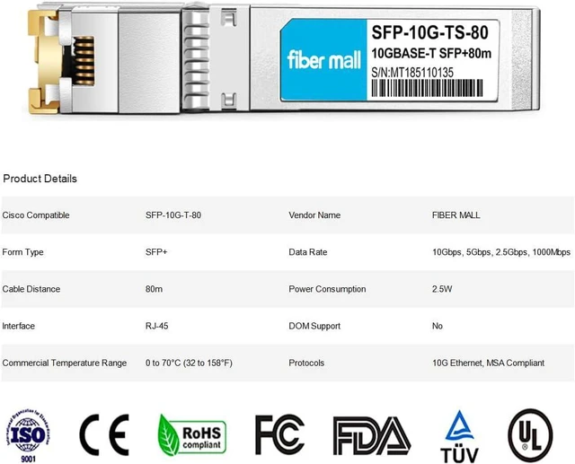 Alt view image 2 of 5 - 10G SFP+ to RJ45 80m for Cisco SFP-10G-T-80 Compatible, 10GBASE-T SFP+ Copper RJ-45 80m Transceiver Module Pack of 4