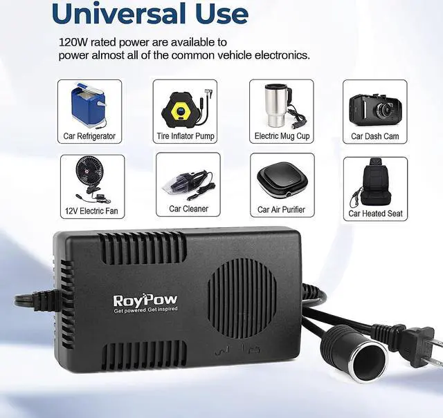 Alt view image 5 of 7 - RoyPow AC to DC Converter, 120W (Max 150W) AC/DC Adapter Car Cigarette Lighter Socket 120V/110V to 12V/10A Power Supply Transformer for Inflator, Car Refrigerator