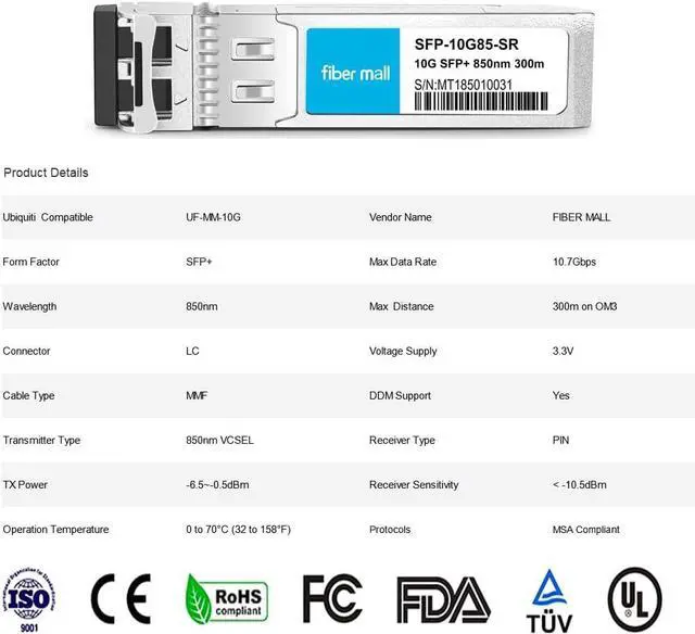 Alt view image 3 of 6 - 10G SFP SR for Cisco SFP-10G-SR Ubiquti unifi UF-MM-10G,Mikrotik S+85DLC03D Netgear AXM761 Zyxel SFP-10G-SR Finisar FTLX8571D3BCL 10GBASE-SR 850nm 300m DOM Transceiver Module Pack of 10