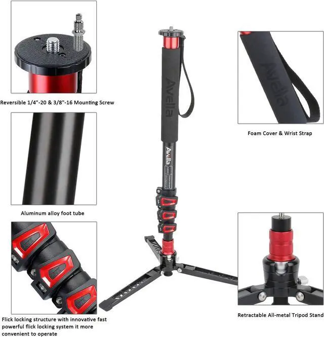 Alt view image 2 of 7 - A324D Aluminum 67 Inch Camera Monopod Professional Telescopic Video Monopods Base Tripod for Canon Nikon Sony Olympus Panasonic DSLR Black -