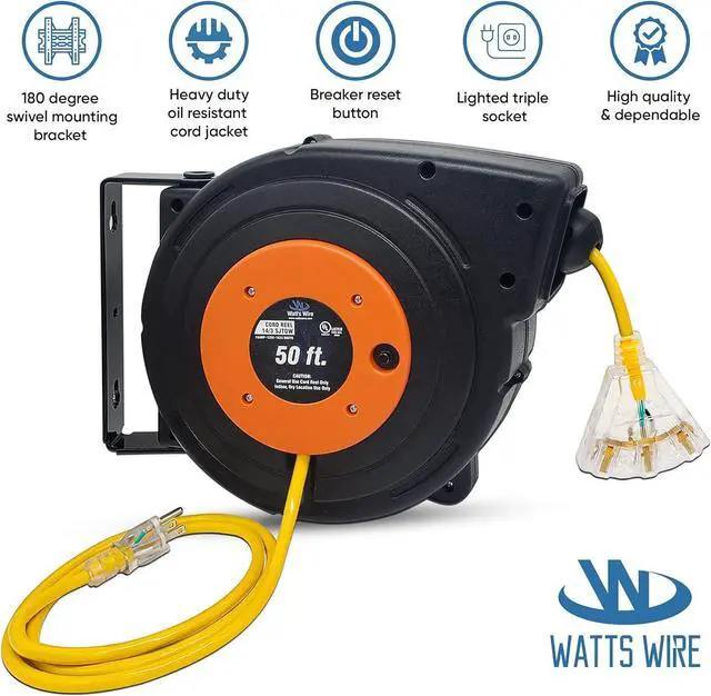 Alt view image 4 of 6 - 50 ft - 14 Gauge Retractable Extension Cord Reel - Heavy Duty Cable Reel w/Multi Outlet Lighted Receptacle - Premium Grade 13 Amp Extension Cord Retractable Reel w/Mounting Kit - by Watt's Wire
