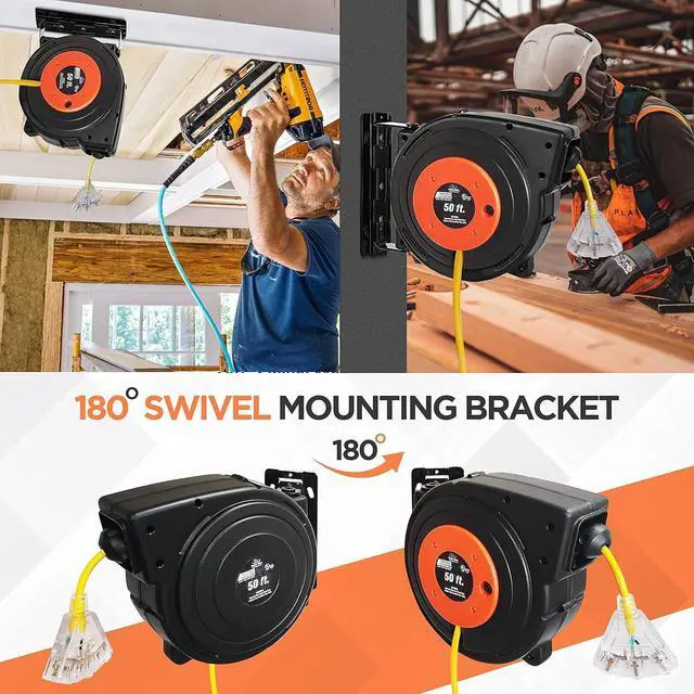 Alt view image 5 of 6 - 50 ft - 14 Gauge Retractable Extension Cord Reel - Heavy Duty Cable Reel w/Multi Outlet Lighted Receptacle - Premium Grade 13 Amp Extension Cord Retractable Reel w/Mounting Kit - by Watt's Wire