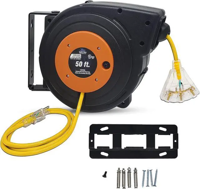 Alt view image 6 of 6 - 50 ft - 14 Gauge Retractable Extension Cord Reel - Heavy Duty Cable Reel w/Multi Outlet Lighted Receptacle - Premium Grade 13 Amp Extension Cord Retractable Reel w/Mounting Kit - by Watt's Wire
