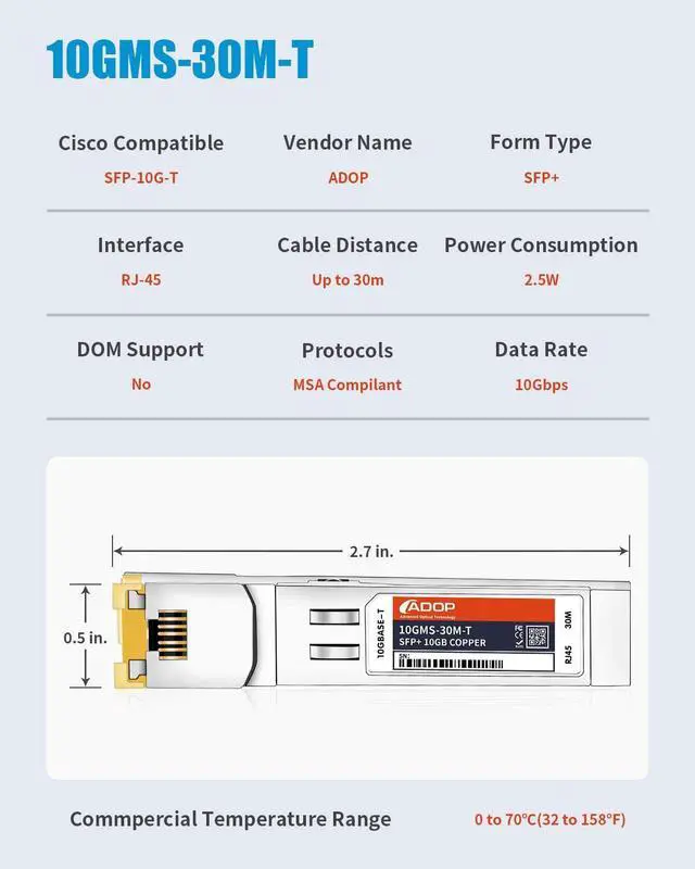 Alt view image 4 of 6 - SFP+ to RJ45 Copper Module - 10GBase-T Plus Transceiver for  SFP-10G-T-S, Ubiquiti, Netgear, Supermicro, QNAP, Broadcom, MikroTik S+RJ10, Avago, up to 30m
