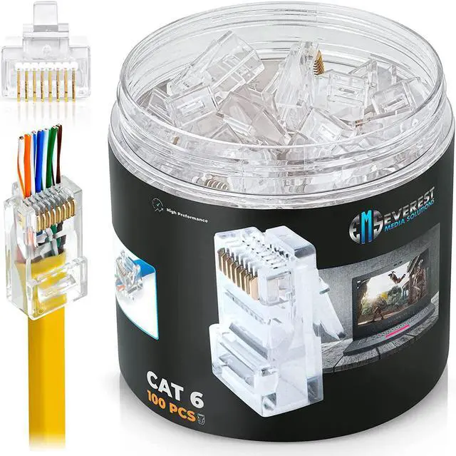 Main image of EMS RJ45 Cat6 Pass Through Connectors, Pack of 100 | Modular Plug for Solid or Stranded UTP Network Cable | Male Ethernet Connector End