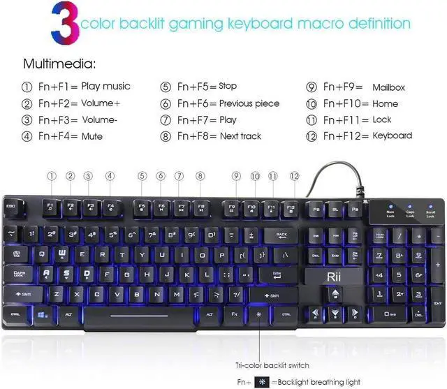 Alt view image 5 of 7 - Rii RK100 3 Colors LED Backlit Mechanical Feeling USB Wired Multimedia Gaming Keyboard, Office Keyboard for Working or Primer Gaming,Office Device