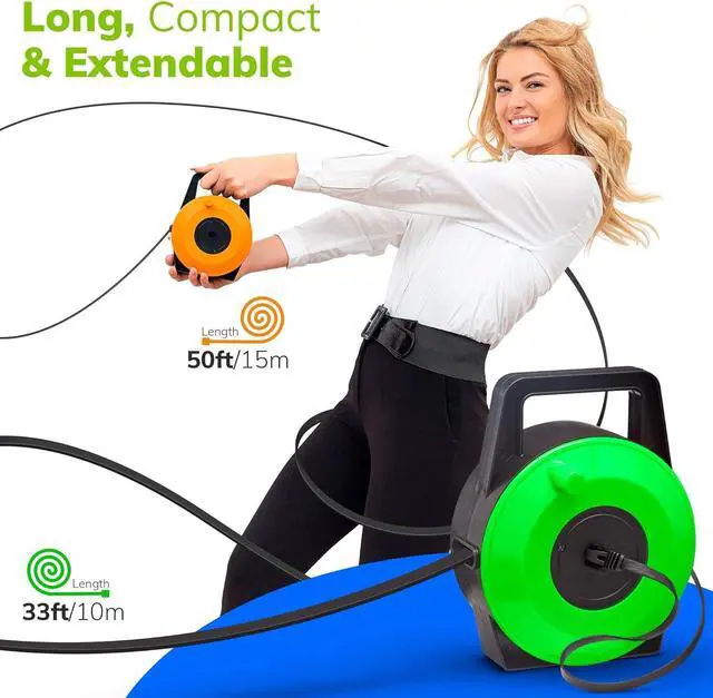 Alt view image 3 of 6 - Retractable Network Cable Extender, 33 Ft (10 Meter) CAT 6 Ethernet Cable Flat-Portable 1Gbps Data Speed-Swiftly Setup Temp Networks-Cascadable Male-Female RJ45 Connector-UTP Cable Reel