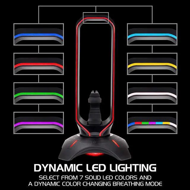 Alt view image 4 of 7 - Gaming Headset Stand - LED Headphone Stand with Mouse Bungee and 2 Port USB Hub - 7 RGB Colors + Color Changing Mode Headset Holder Mouse Bungee 3-in-1 Gaming Desktop Accessory