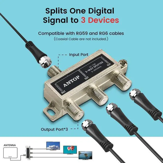 Alt view image 2 of 5 - 3 Way TV Signal Splitter,ANTOP Digital Coax Cable Splitter 2GHz- 5-2050MHz High Performance for Satellite/Cable TV Antenna, Welcome to consult