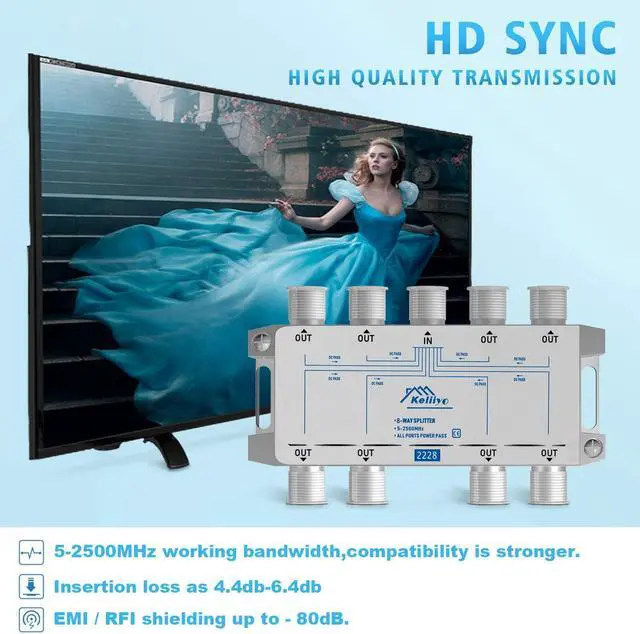 Alt view image 3 of 7 - Keliiyo 8 Way Coaxial Cable Splitter 5-2500MHz,Work with Satellite TV CATV Antenna System and MoCA Configurations (Sliver-8 Way), Welcome to consult