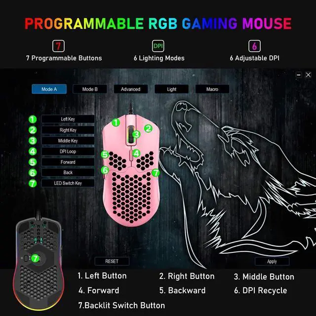 Alt view image 4 of 7 - Lightweight Gaming Mouse,26 kinds RGB Backlit Mice,PixArt 3325 12000 DPI Mouse,Ultralight Honeycomb Shell Ultraweave Cable Mouse and Anti-key Can Be Set for PC Gamers and Xbox and PS4 Users(Pink)