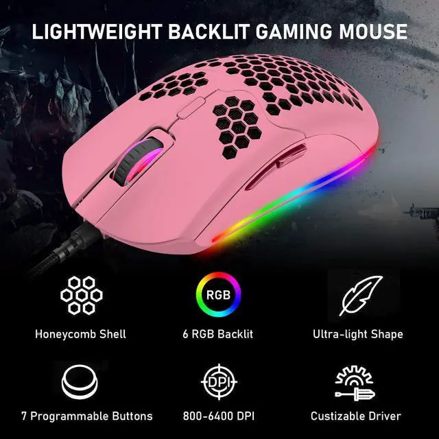 Alt view image 2 of 7 - Lightweight Gaming Mouse,26 kinds RGB Backlit Mice,PixArt 3325 12000 DPI Mouse,Ultralight Honeycomb Shell Ultraweave Cable Mouse and Anti-key Can Be Set for PC Gamers and Xbox and PS4 Users(Pink)
