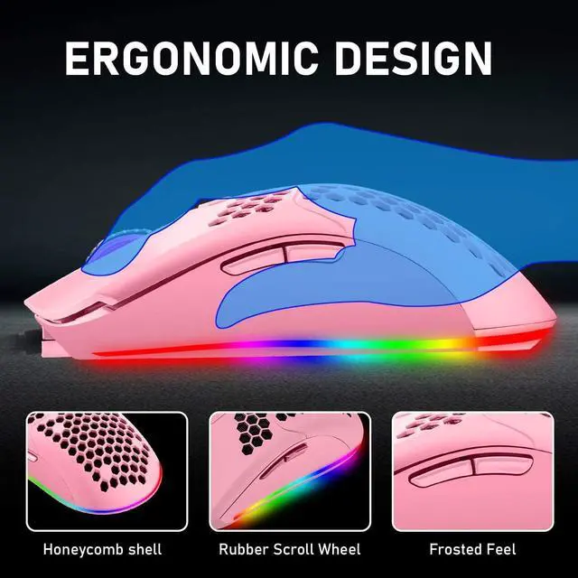 Alt view image 7 of 7 - Lightweight Gaming Mouse,26 kinds RGB Backlit Mice,PixArt 3325 12000 DPI Mouse,Ultralight Honeycomb Shell Ultraweave Cable Mouse and Anti-key Can Be Set for PC Gamers and Xbox and PS4 Users(Pink)