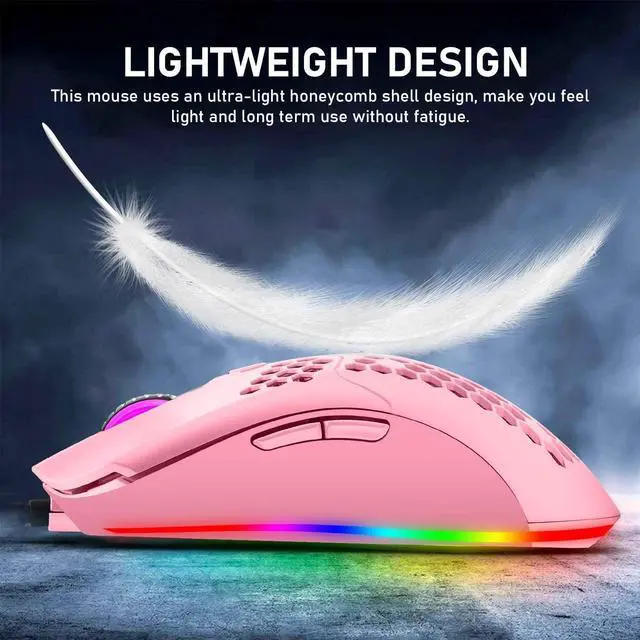 Alt view image 3 of 7 - Lightweight Gaming Mouse,26 kinds RGB Backlit Mice,PixArt 3325 12000 DPI Mouse,Ultralight Honeycomb Shell Ultraweave Cable Mouse and Anti-key Can Be Set for PC Gamers and Xbox and PS4 Users(Pink)