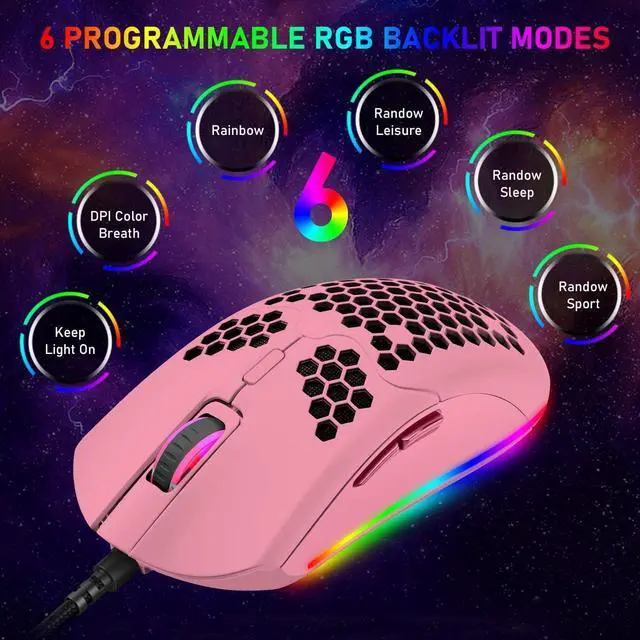 Alt view image 6 of 7 - Lightweight Gaming Mouse,26 kinds RGB Backlit Mice,PixArt 3325 12000 DPI Mouse,Ultralight Honeycomb Shell Ultraweave Cable Mouse and Anti-key Can Be Set for PC Gamers and Xbox and PS4 Users(Pink)